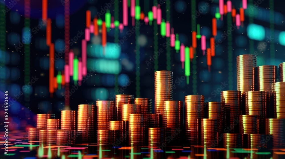 Glowing charts representing ups and downs. Financial market movement, stock market concept. Market trend. Generative AI Glowing charts representing ups and downs. Financial market movement, stock market concept. Market trend. Generative AI