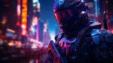 Ein Futuristischer Soldat mit Helm im Stil von Cyberpunkt 2077 Futuristischer Hintergrund Generative AI