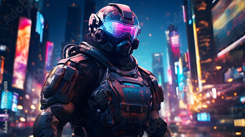 Ein moderner Soldat in einer Rüstung steht in einer Stadt im neondurchfluteten Stil Cyberpunkt 2077 Futuristischer Hintergrund Generative AI