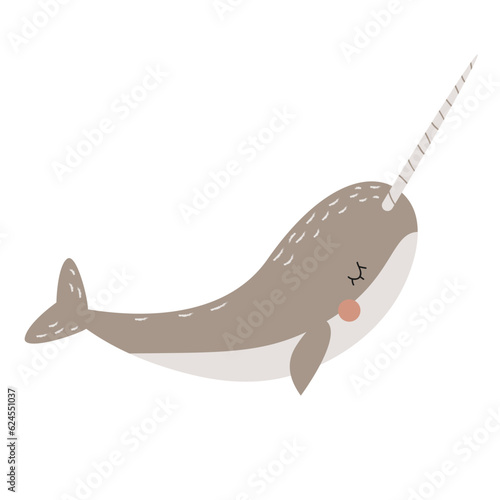 Сute narwhal. Arctic marine or oceanic animal. Vector illustration in flat style. White isolated background.