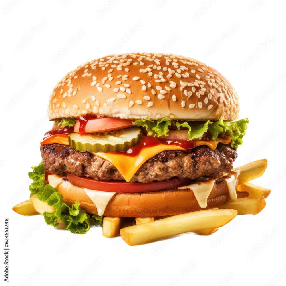 a Cheeseburger with French fries in a Food-themed, photorealistic illustration in a PNG, cutout, and isolated. Generative AI a Cheeseburger with French fries in a Food-themed, photorealistic illustration in a PNG, cutout, and isolated. Generative AI