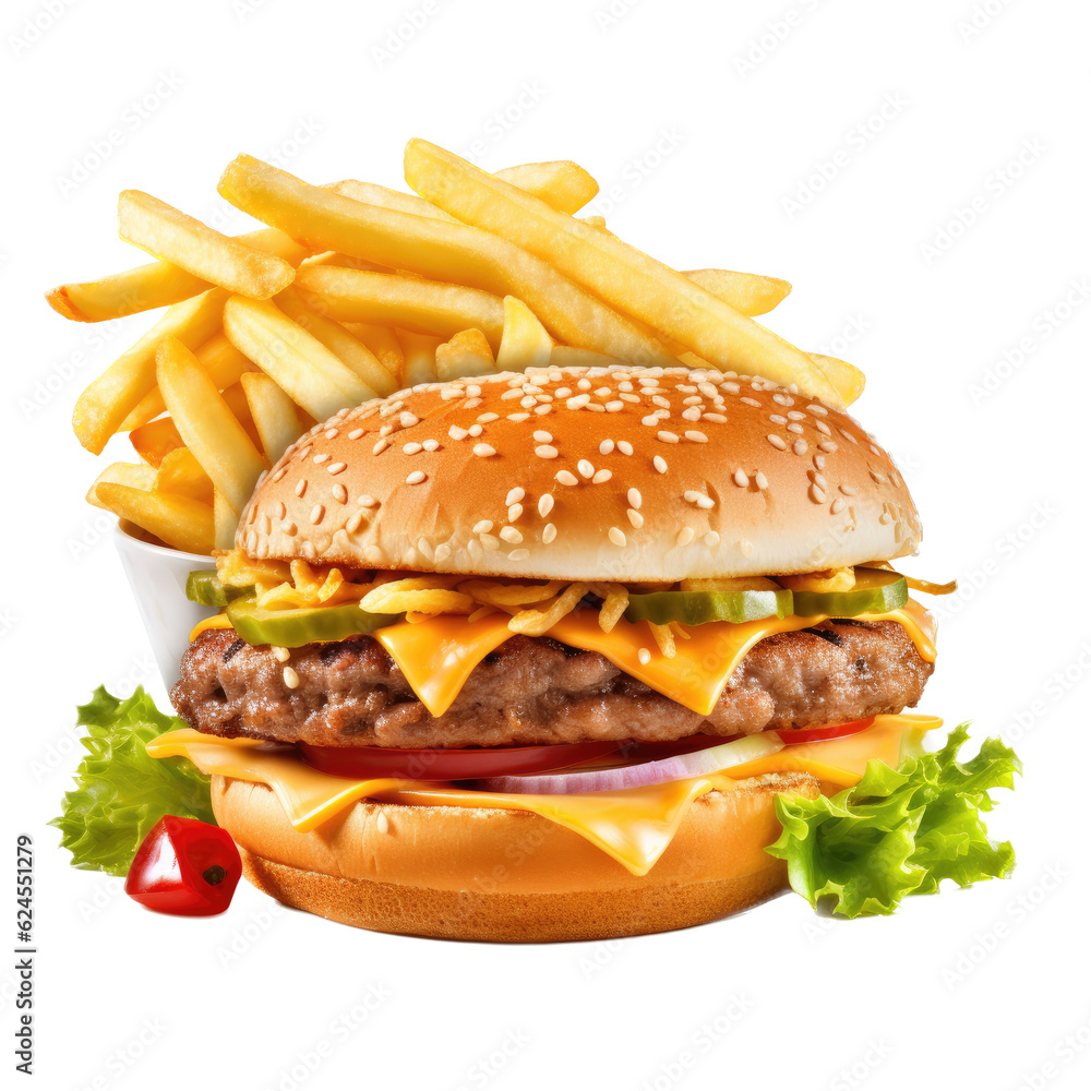 a Cheeseburger with French fries in a Food-themed, photorealistic illustration in a PNG, cutout, and isolated. Generative AI a Cheeseburger with French fries in a Food-themed, photorealistic illustration in a PNG, cutout, and isolated. Generative AI
