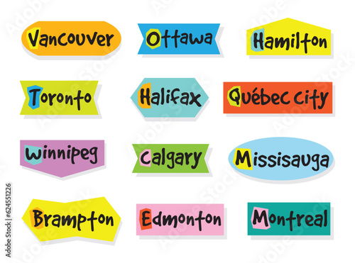 Colorful cute Canada big cities names labels and stickers set on white background