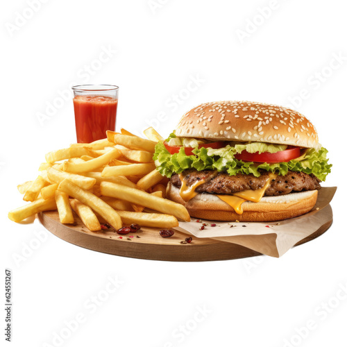 a Cheeseburger with French fries in a Food-themed, photorealistic illustration in a PNG, cutout, and isolated. Generative AI