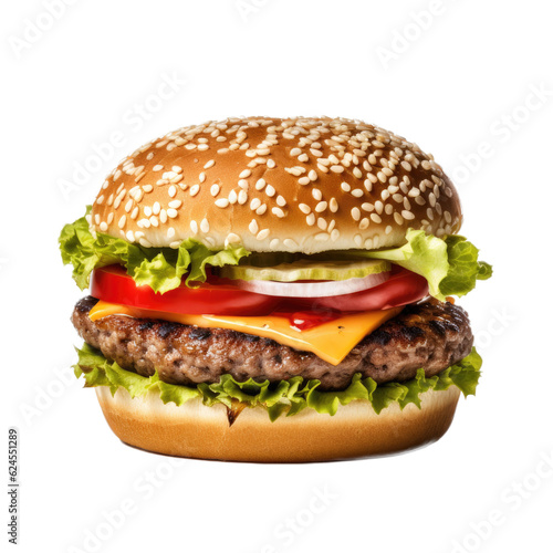  a delicious Cheeseburger, juicy, with lettuce, pickles, onions, and tomatoes on a bun in a Food-themed, photorealistic illustration in a PNG, cutout, and isolated. Generative AI © Purple Penguin GFX