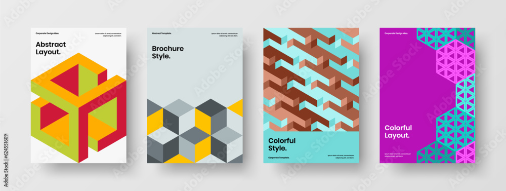 Trendy geometric tiles brochure concept bundle. Multicolored magazine cover A4 vector design template collection.