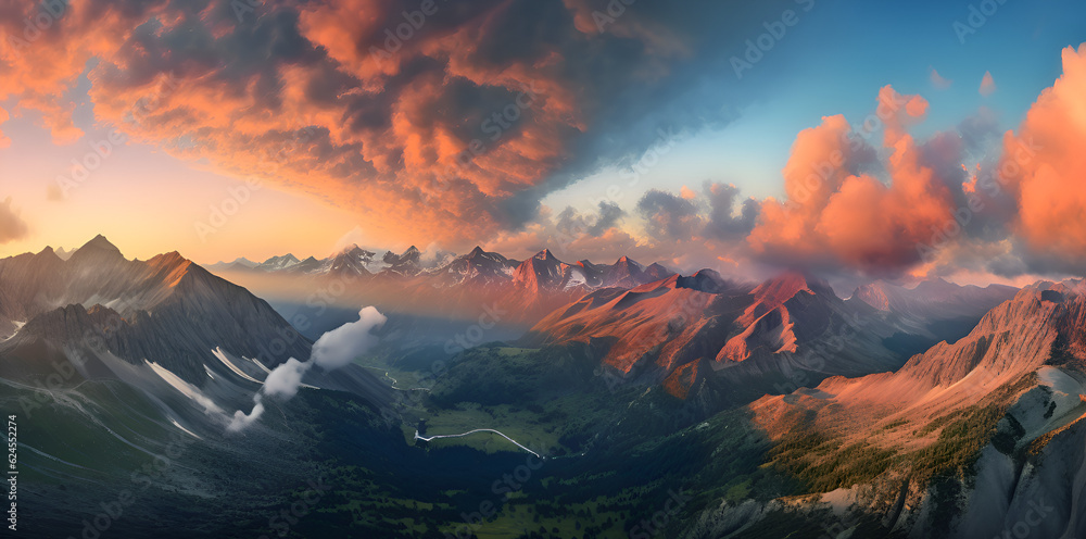 Alpine Panorama at Sunset: Majestic Beauty of the Mountains, generative ai 