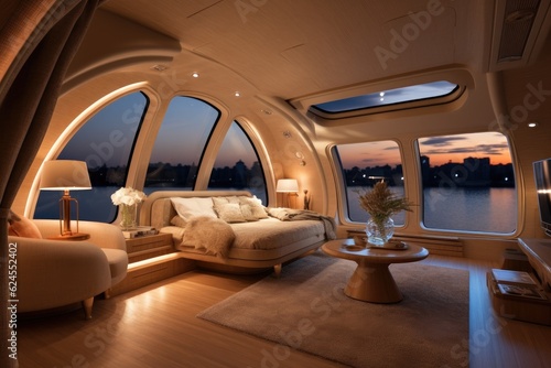 Wide-angle photo of an interior of a luxurious boat cabin. Luxurious yacht cabin,
