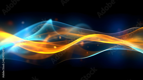 blue and yellow vibrant high speed glowing light lines on black background, generative ai 