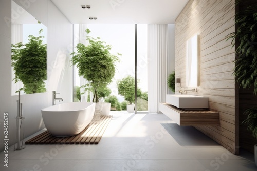 Bathroom interior decorated with green plants. Modern comfortable bathroom.