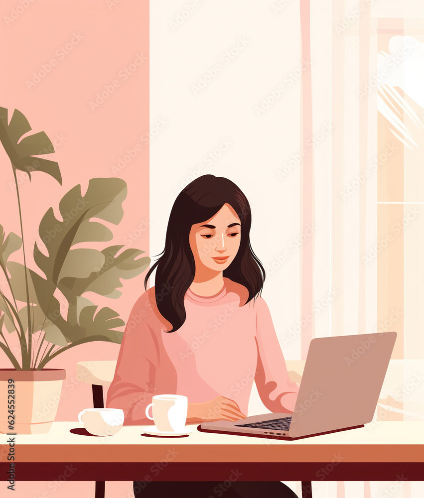 Young woman sitting in cafe and working with laptop, illustration style Young woman sitting in cafe and working with laptop, illustration style