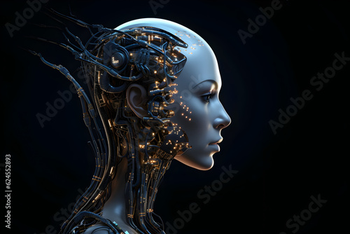 Futuristic Android Woman: A Robotic Face with Intricate Wires, generative ai