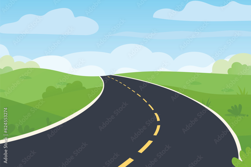 winding asphalt road to horizon; rural lanscape - vector illustration