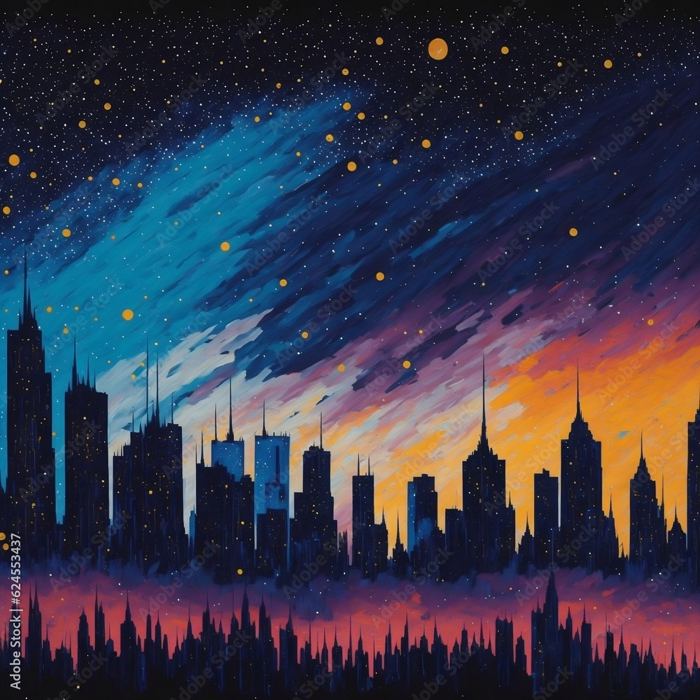 A vibrant, abstract painting of a starry night sky with a silhouetted cityscape in the background.