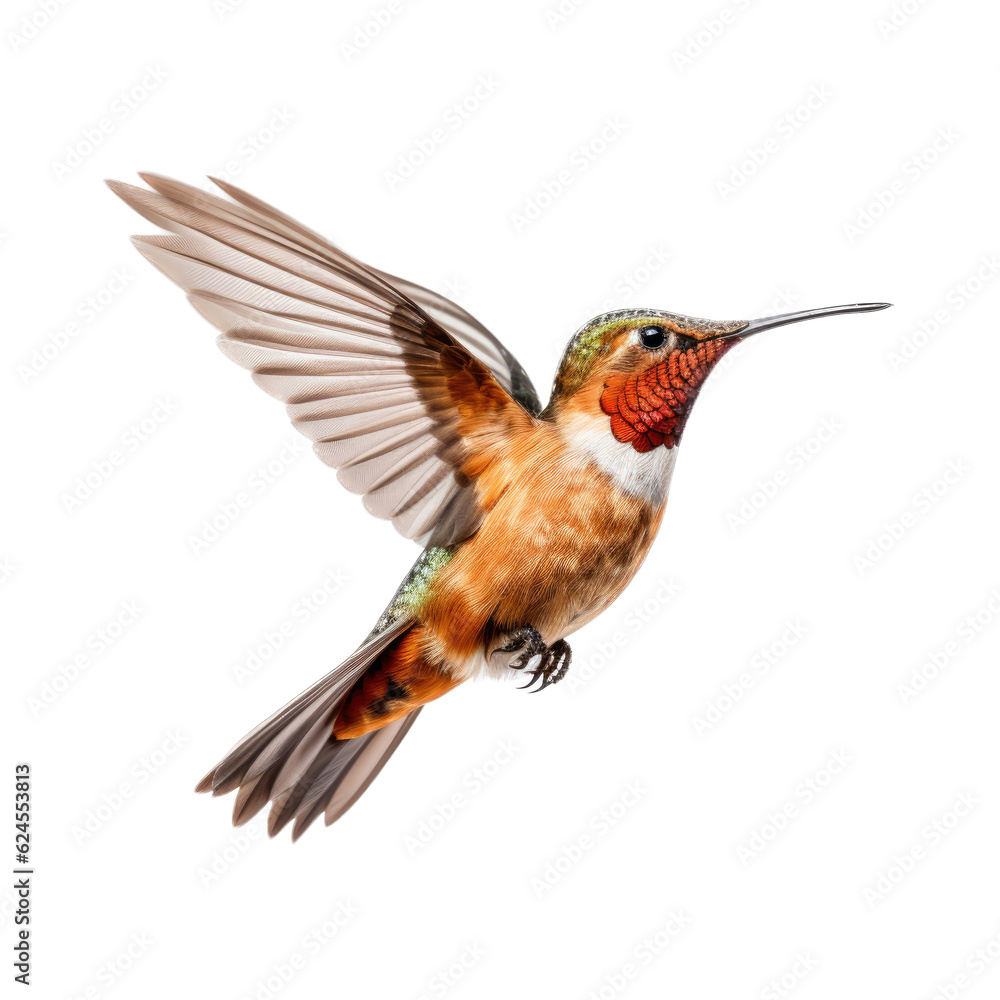 Fototapeta premium a Allen's Hummingbird Selasphorus sasin in flight, iridescent feathers a copper flash in a Nature-themed, photorealistic illustration in a PNG, cutout, and isolated. Generative AI