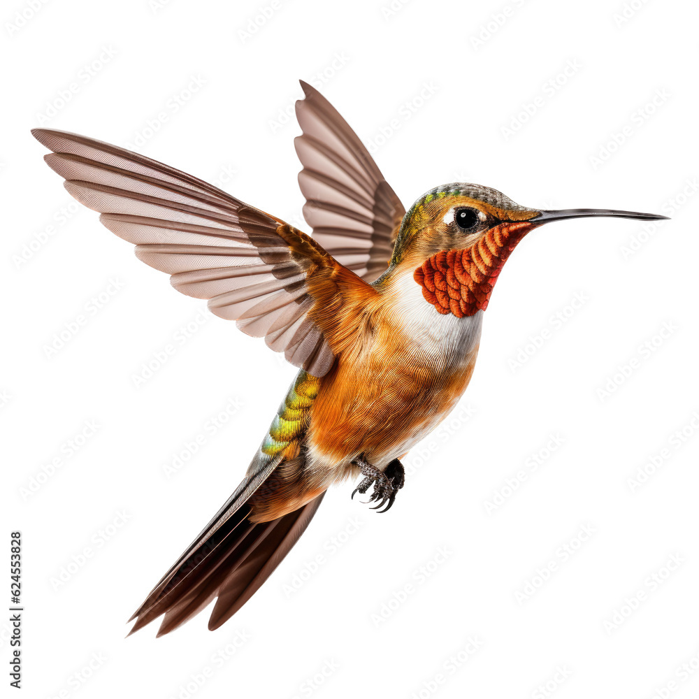 Fototapeta premium a Allen's Hummingbird Selasphorus sasin in flight, iridescent feathers a copper flash in a Nature-themed, photorealistic illustration in a PNG, cutout, and isolated. Generative AI