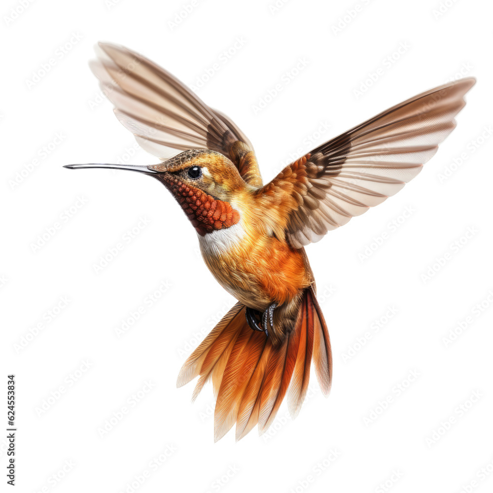 Fototapeta premium a Allen's Hummingbird Selasphorus sasin in flight, iridescent feathers a copper flash in a Nature-themed, photorealistic illustration in a PNG, cutout, and isolated. Generative AI