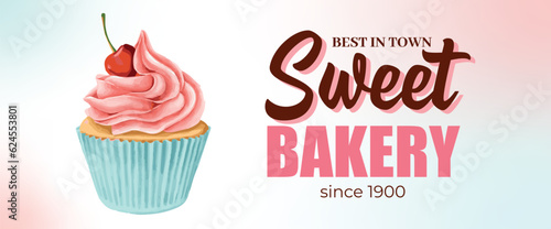 cupcake with pink cupcake. 
vector illustration. sweet bakery. bright banner with realistic cupcake for business. food and dessert. cake. poster or sign