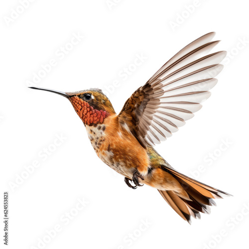 a Allen's Hummingbird Selasphorus sasin in flight, iridescent feathers a copper flash in a Nature-themed, photorealistic illustration in a PNG, cutout, and isolated. Generative AI