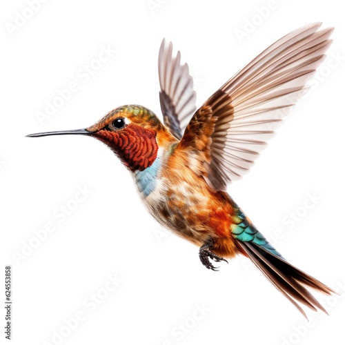 a Allen s Hummingbird Selasphorus sasin in flight  iridescent feathers a copper flash in a Nature-themed  photorealistic illustration in a PNG  cutout  and isolated. Generative AI