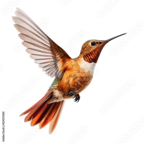 a Allen's Hummingbird Selasphorus sasin in flight, iridescent feathers a copper flash in a Nature-themed, photorealistic illustration in a PNG, cutout, and isolated. Generative AI © Purple Penguin GFX