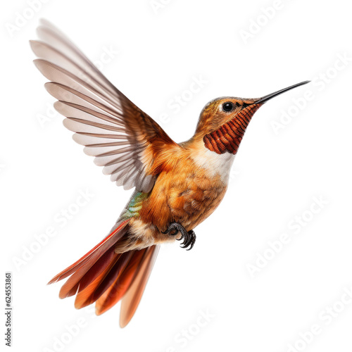 a Allen's Hummingbird Selasphorus sasin in flight, iridescent feathers a copper flash in a Nature-themed, photorealistic illustration in a PNG, cutout, and isolated. Generative AI