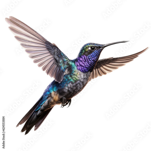 an oasis hummingbird (Rhodopis vesper )in-flight, wings spread a side view in a Nature-themed, photorealistic illustration in a transparent PNG, cutout, and isolated. Generative AI