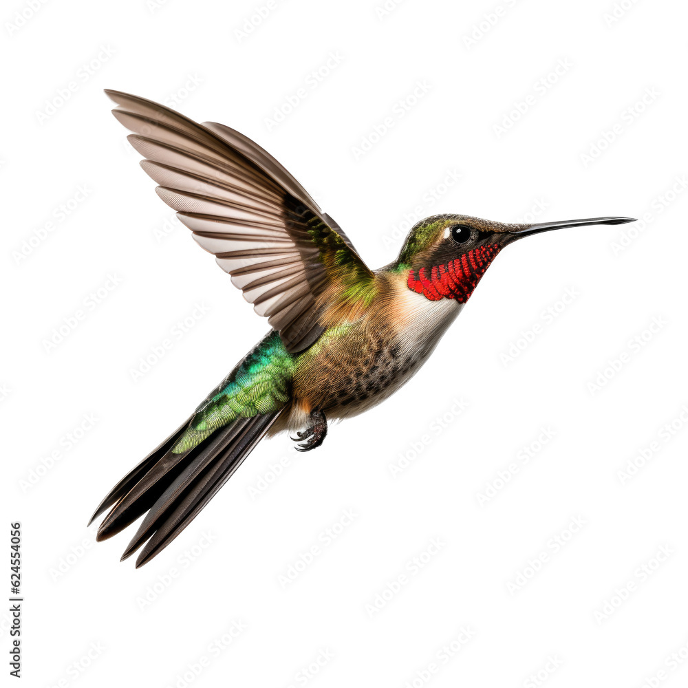Fototapeta premium a Ruby-Throated Hummingbird in flight, iridescent feathers a summer jewel in a Nature-themed, photorealistic illustration in a PNG, cutout, and isolated. Generative AI
