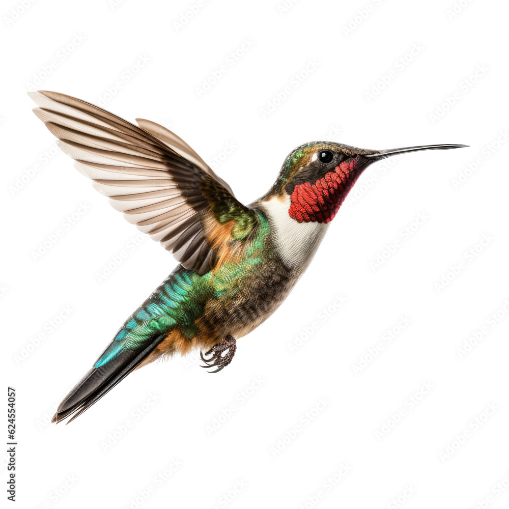 Obraz premium a Ruby-Throated Hummingbird in flight, iridescent feathers a summer jewel in a Nature-themed, photorealistic illustration in a PNG, cutout, and isolated. Generative AI