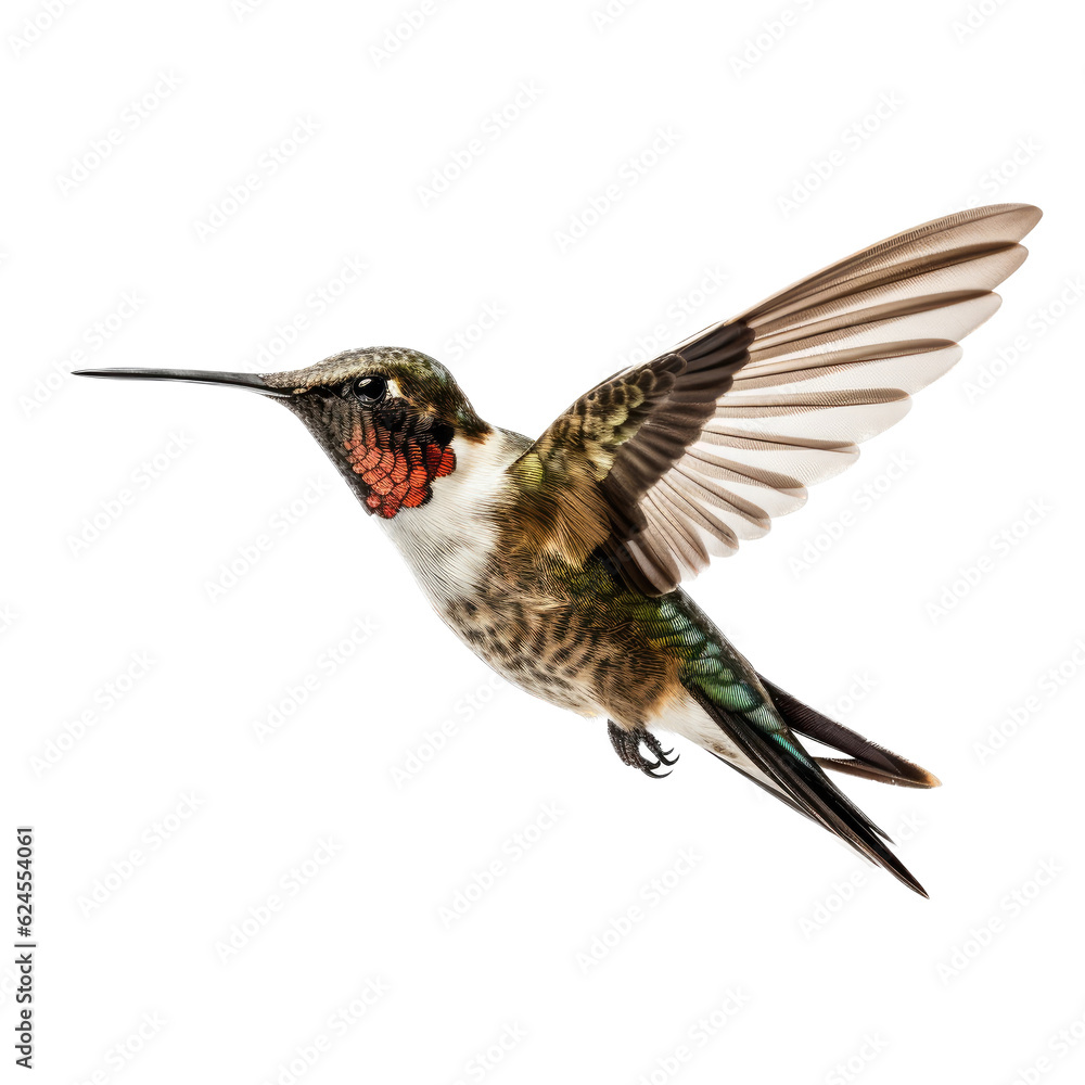 Fototapeta premium a Ruby-Throated Hummingbird in flight, iridescent feathers a summer jewel in a Nature-themed, photorealistic illustration in a PNG, cutout, and isolated. Generative AI