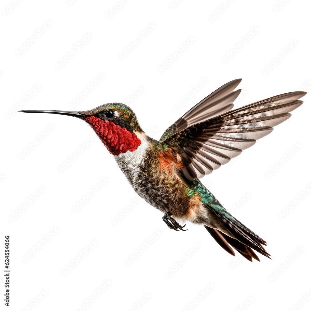 Fototapeta premium a Ruby-Throated Hummingbird in flight, iridescent feathers a summer jewel in a Nature-themed, photorealistic illustration in a PNG, cutout, and isolated. Generative AI
