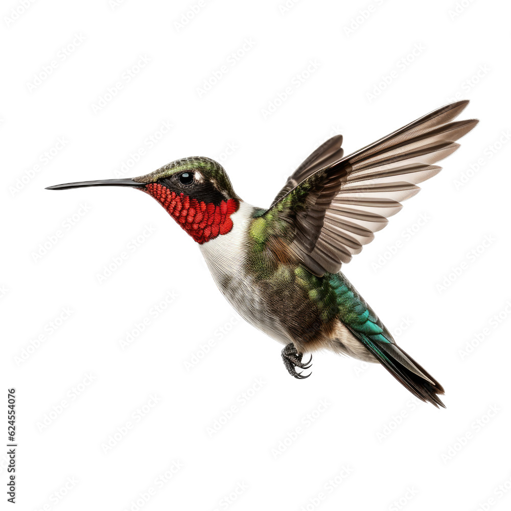 Fototapeta premium a Ruby-Throated Hummingbird in flight, iridescent feathers a summer jewel in a Nature-themed, photorealistic illustration in a PNG, cutout, and isolated. Generative AI