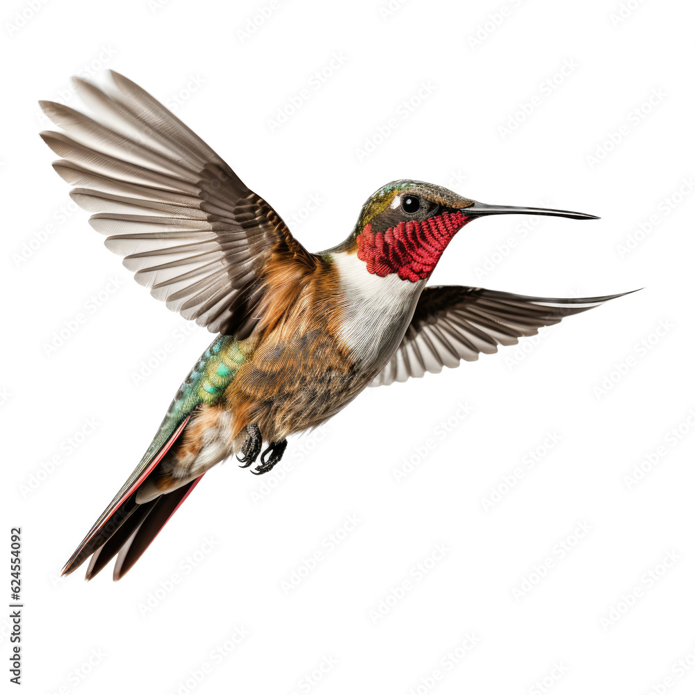 Obraz premium a Ruby-throated hummingbird in-flight, side view in a PNG, Nature-themed, isolated, and transparent photorealistic illustration. Generative ai