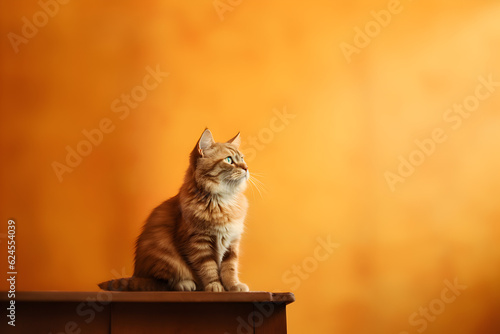 Feline Grace: Cat Posing Against Vibrant Orange Backdrop, generative ai © Marc