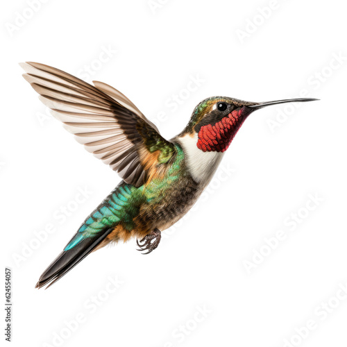a Ruby-Throated Hummingbird in flight, iridescent feathers a summer jewel in a Nature-themed, photorealistic illustration in a PNG, cutout, and isolated. Generative AI © Purple Penguin GFX