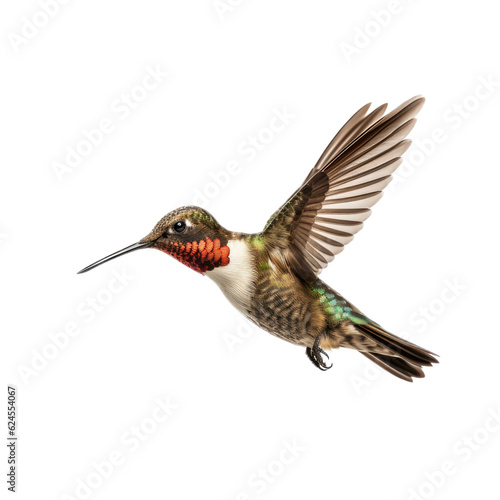 a Ruby-Throated Hummingbird in flight, iridescent feathers a summer jewel in a Nature-themed, photorealistic illustration in a PNG, cutout, and isolated. Generative AI