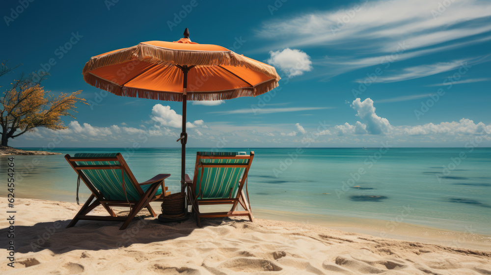 Summer Paradise. Beachfront-Themed Empty Background with Beach Chairs and Umbrellas by the Sea. AI Generative Scene