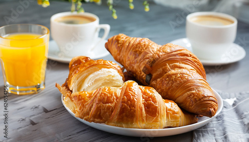 Obraz na płótnie Continental breakfast with fresh croissants, orange juice and coffee, selective focuse