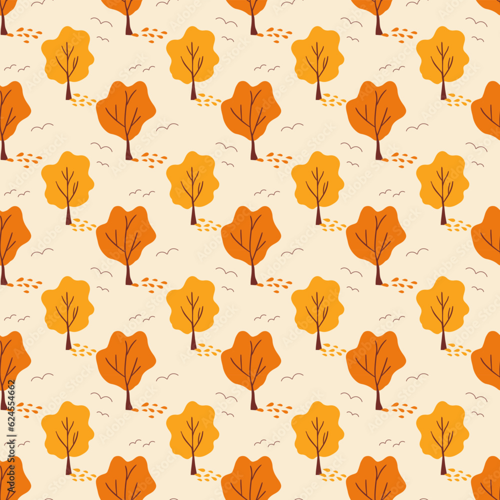 Pattern with autumn trees. Nature illustration. Vector. Yellow-orange forest.For fabrics, covers, decorative design, packaging.