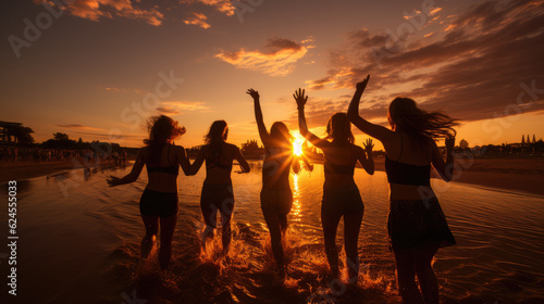 Sunset Farewell. Group of friends saying goodbye to the beach at sunset. Friendship and memories concept. AI Generative