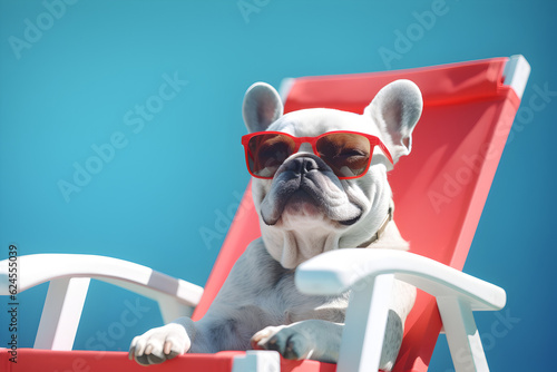 Puppy with sunglasses sitting in a red beach chair and Relaxing in front of a blue background, generative ai  © Marc