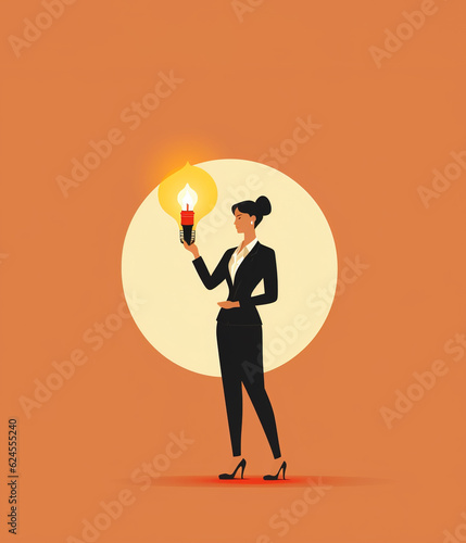 Businesswoman holding light bulb, idea concept. Illustration style