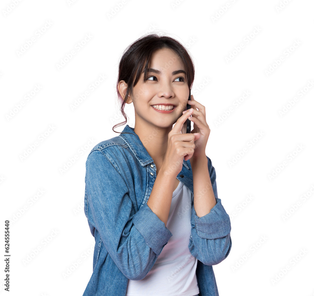 Young Asian woman talking on the phone holds cellphone making answering call on isolated background Young Asian woman talking on the phone holds cellphone making answering call on isolated background