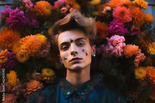 Fashion magnificent make up boy with colorful flower background, generative ai 