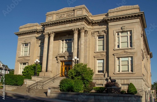 The Dalles, Oregon, USA - 24 June, 2023: Wasco County Courthouse Front Quarter View Looking Uphill with Blue Sky