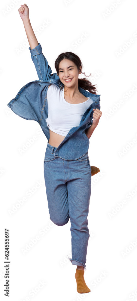 Elegant young Asian woman raises her arm and leg in a studio shot, expressing happiness and success isolated background Elegant young Asian woman raises her arm and leg in a studio shot, expressing happiness and success isolated background