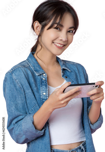Young Asian woman using mobile phone horizontally play game watch movie application on isolated background