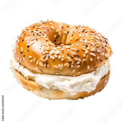 a delicious bagel with cream cheese, baked to perfection,  breakfast Food-themed, photorealistic illustration in a PNG, cutout, and isolated. Generative AI