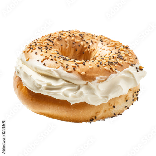 a delicious bagel with cream cheese, baked to perfection,  breakfast Food-themed, photorealistic illustration in a PNG, cutout, and isolated. Generative AI