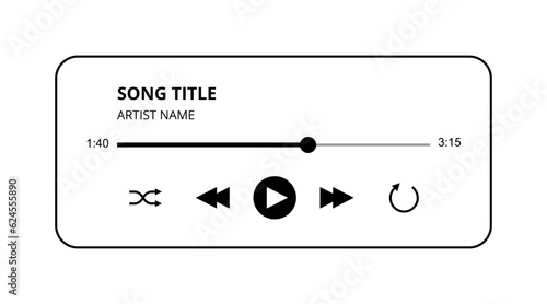 Music Player vector UI design with buttons, track and title vector illustration. Isolated on white audio player interface black and white style